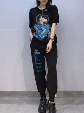 Black Graphic Jogger Pants with Blue Accent